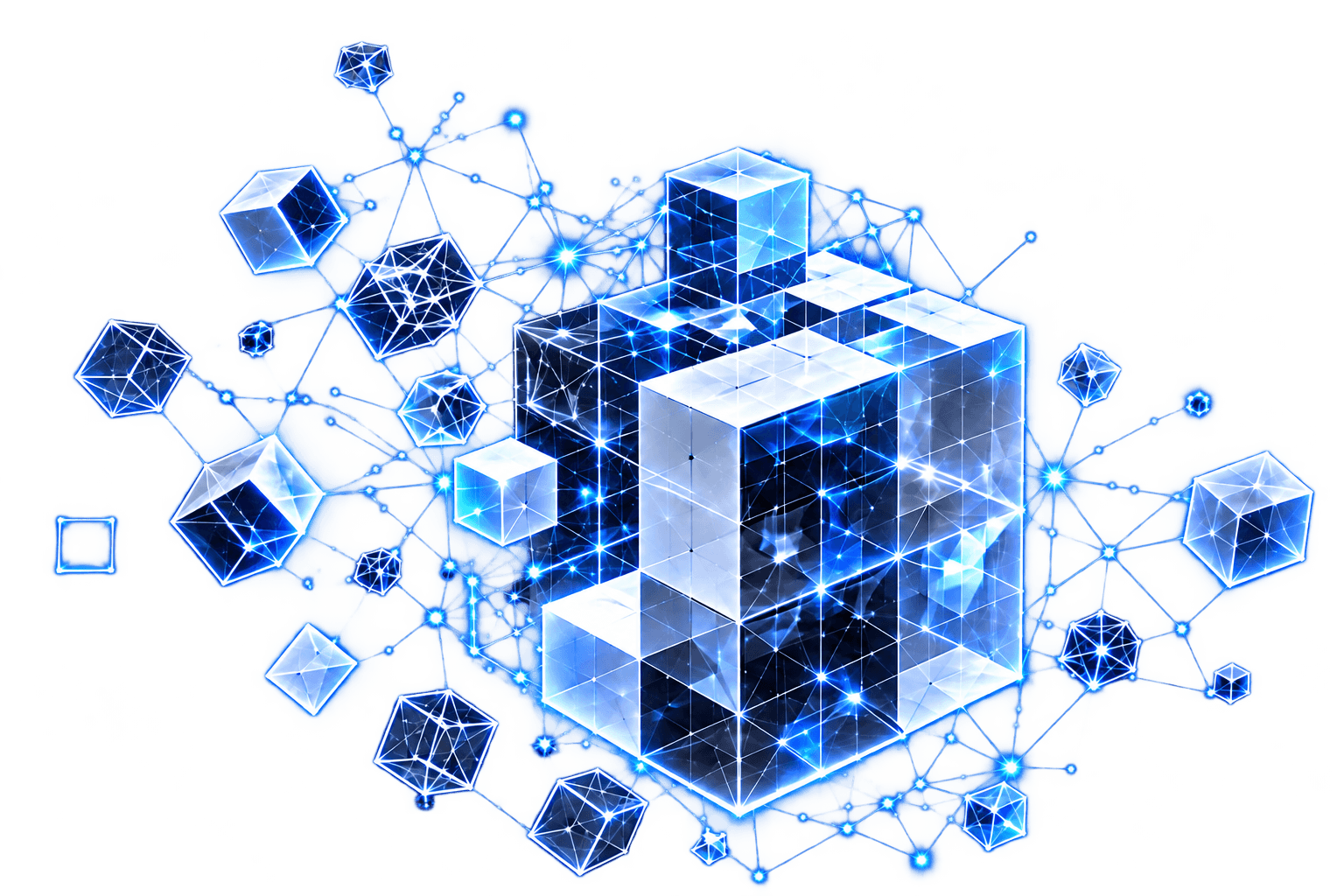 Glowing crystalline cubes assembling into a larger structure, linked by a network of light
